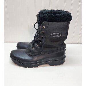 Sorel Mens Winter Boots Black Leather & Rubber Faux Fur Lining Size 10 Durable &